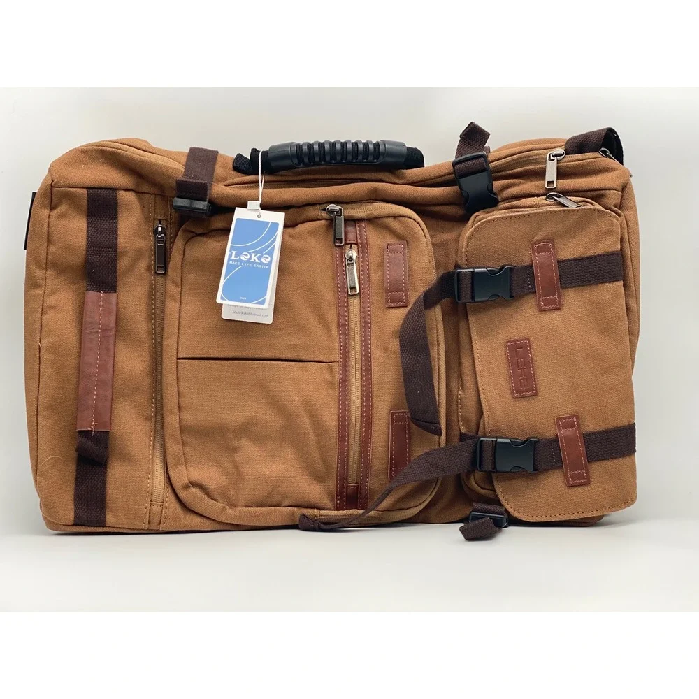 Leke 3-in-1 Convertible Travel Backpack Khaki Canvas 17.3 Laptop Bag‎ 21x14x8